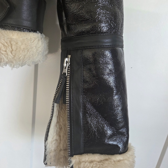 Faux Shearling Lined Dark Chocolate/Black Vinyl Faux Leather Jacket - Picture 3 of 9